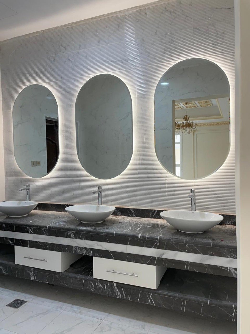 Triple-vanity LED mirrors — Iqra Glass & Mirror, Mussafah M-14 Abu Dhabi